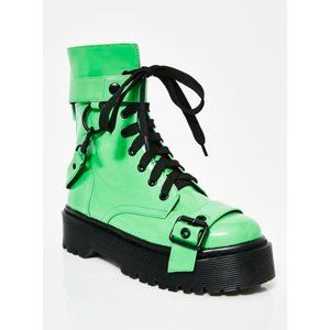 Dolls Kill slime green platform boots with straps